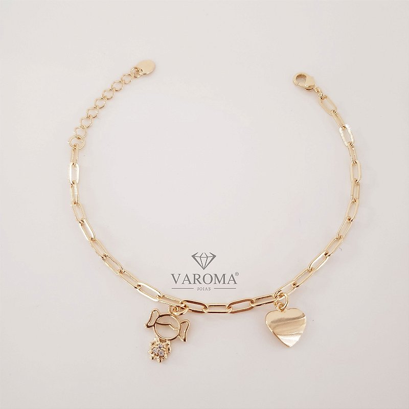 Pulseira com coração liso e menino/menina cravejado banhado em ouro 18k