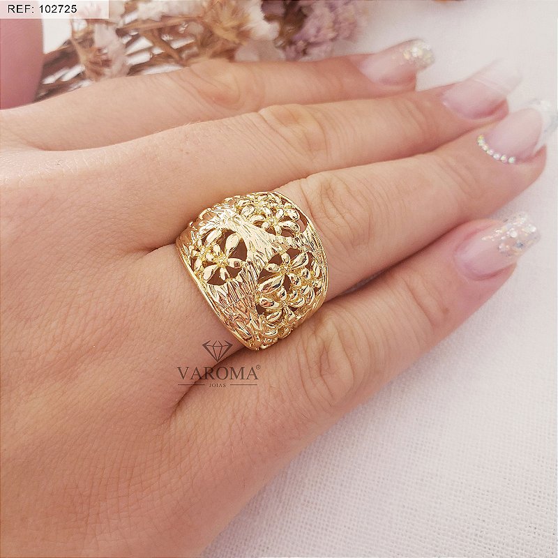 Anel vazado com flores banhado em ouro 18k