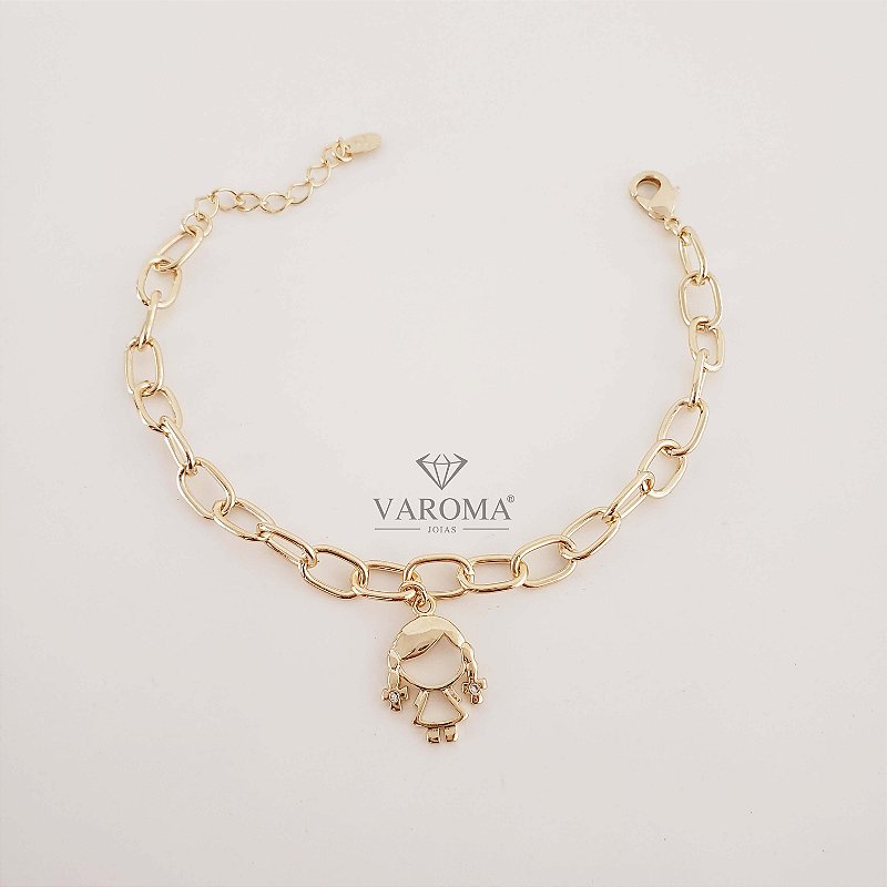 Pulseira com elos grandes e pingente de menino ou menina banhada em ouro 18k