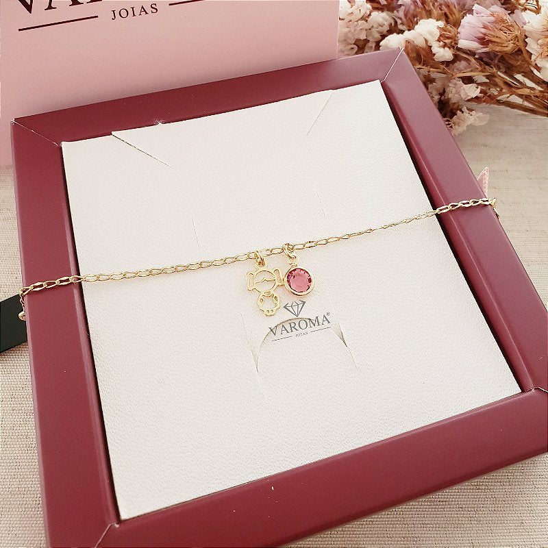 Pulseira infantil com ponto de luz rosa e menina banhada em ouro 18k