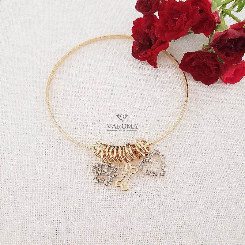 Bracelete fino especial petlover com ossinho, patinha e coração cravejados com zircônia banhado em ouro 18k