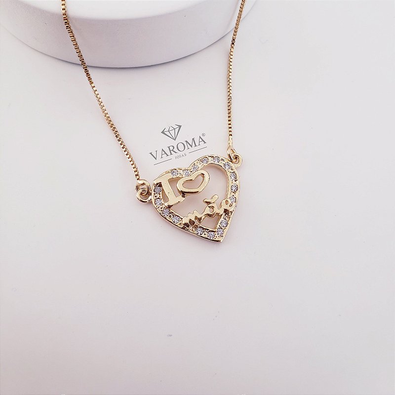 Colar com coração  "i ♥ Mãe"  banhado em ouro 18k