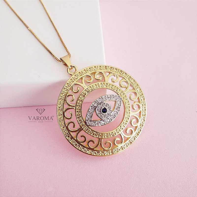 Colar mandala com detalhes vazados e olho grego cravejado com zircônias banhado em ouro 18k