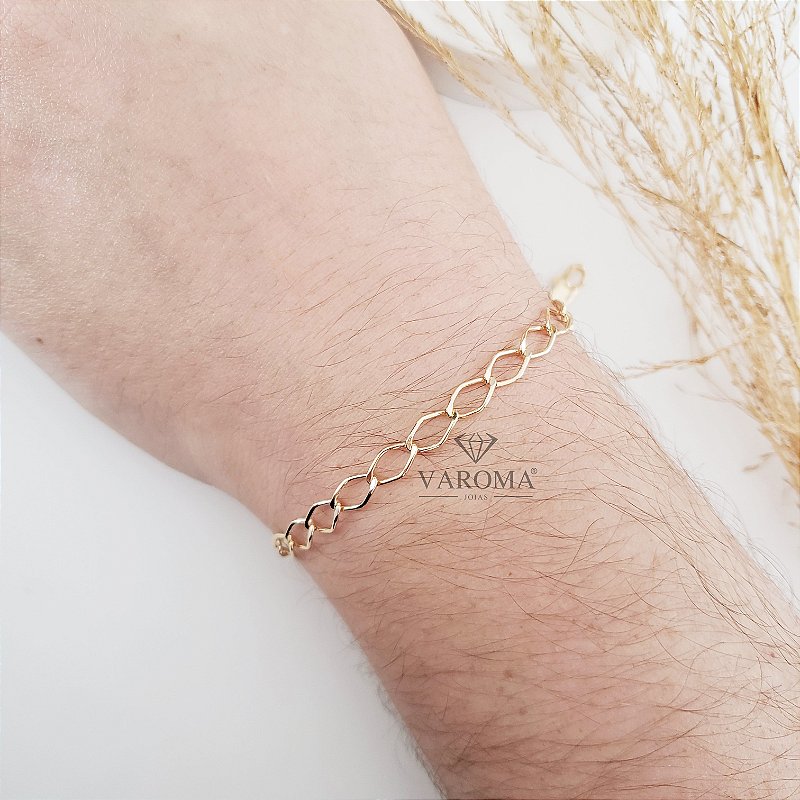 Pulseira masculina com elos estilizados lisos banhado em ouro 18k