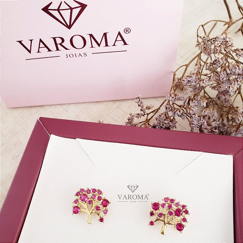 Brinco de árvore  da vida com zircônias rosas banhado em ouro 18k