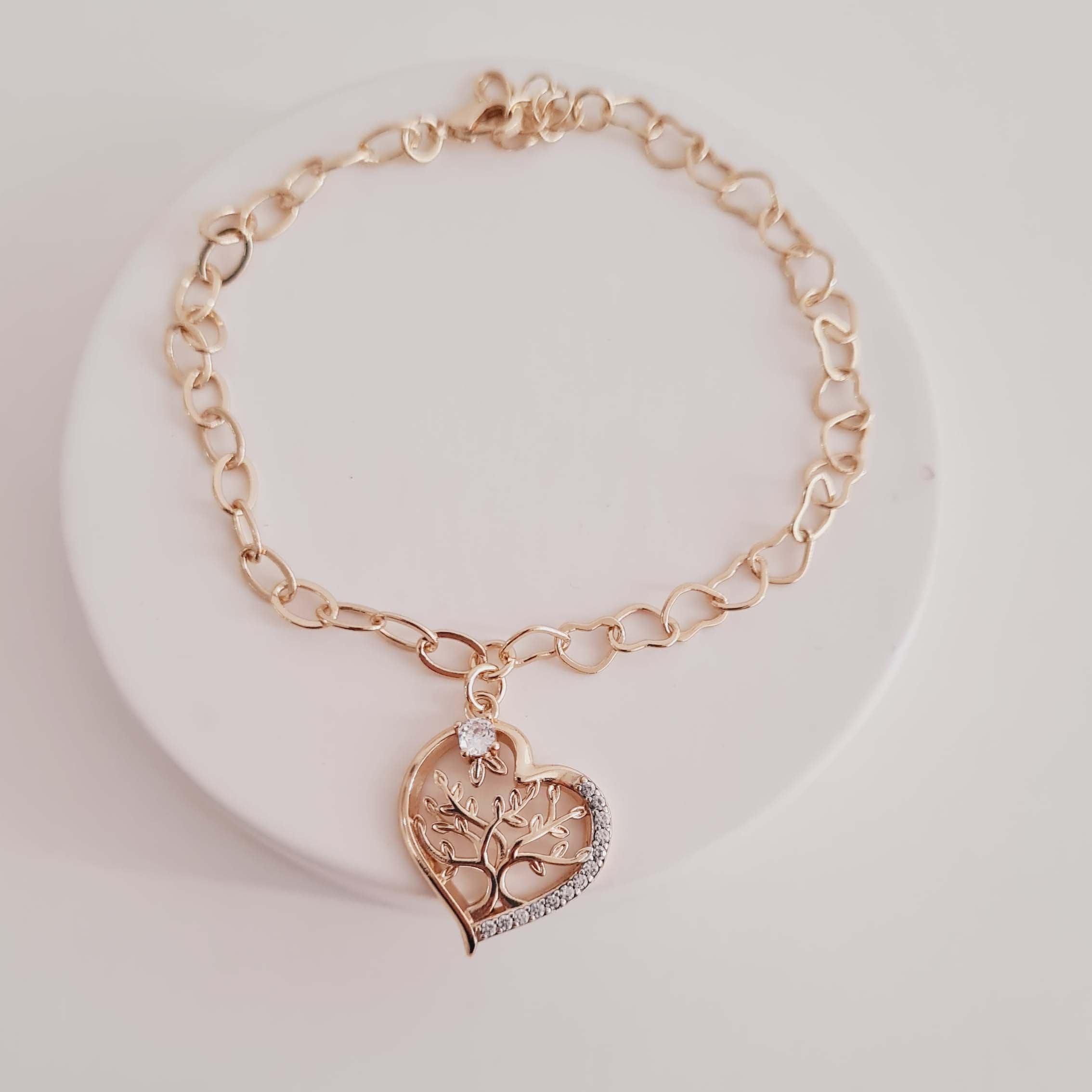 Pulseira com Pingente de Coração com Árvore da Vida Banhado a Ouro 18K