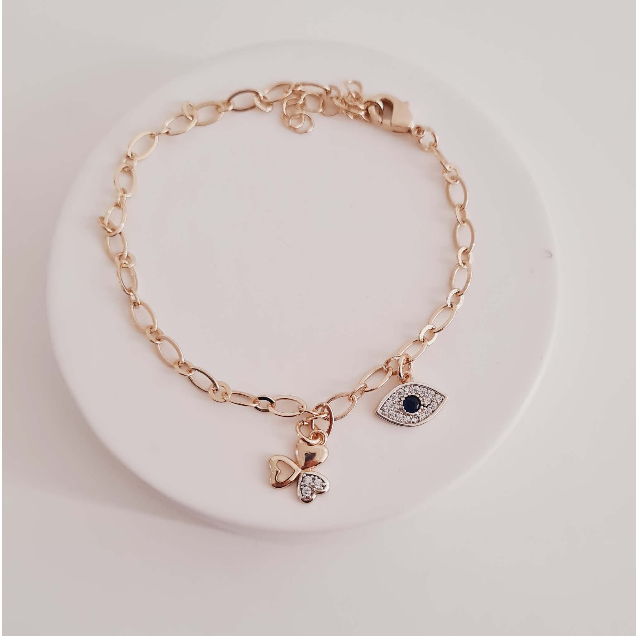 Pulseira com Pingente de Trevo da Sorte e Olho Grego Banhado a Ouro 18K