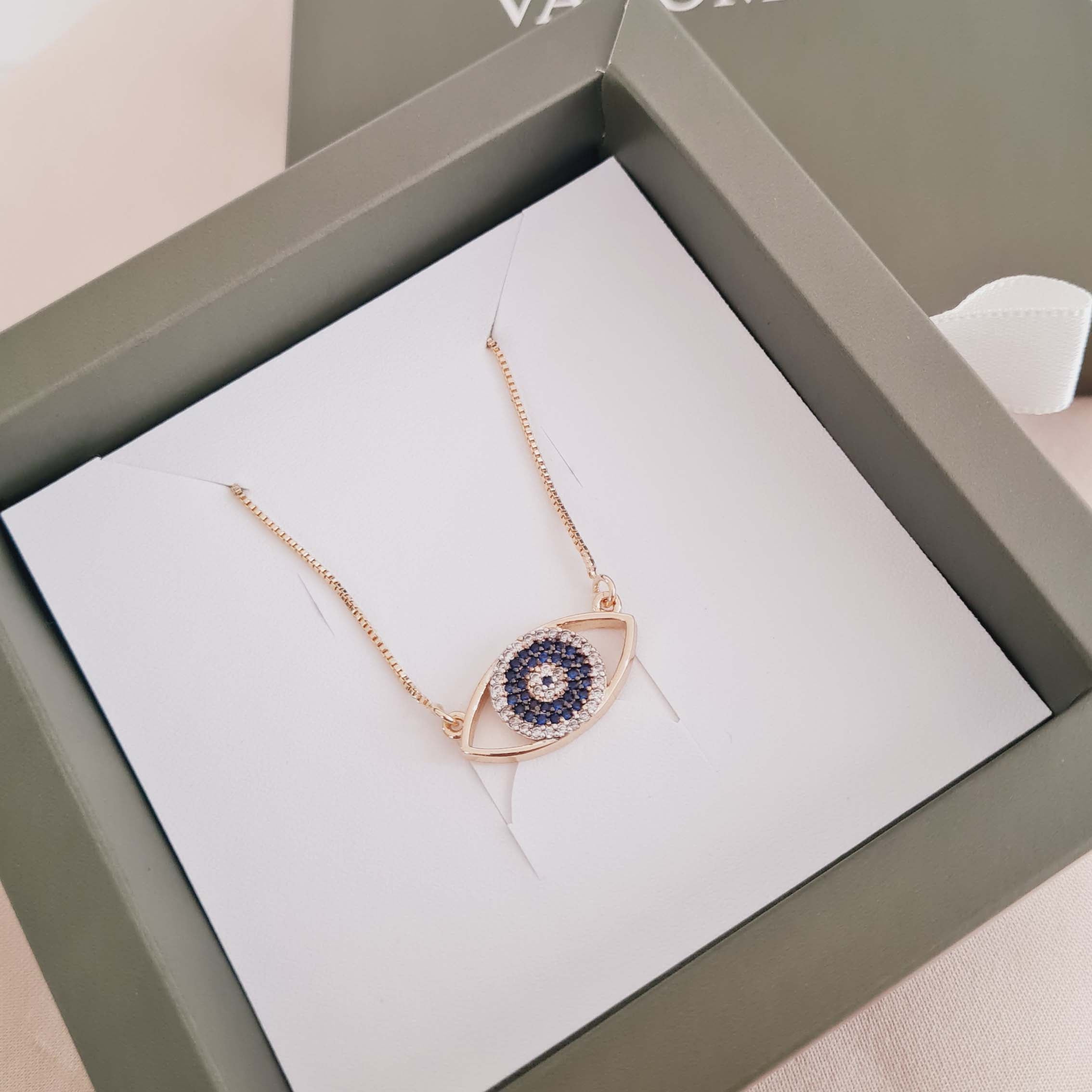 Colar Olho Grego Cravejado  com Zircônias Banhado a Ouro 18K