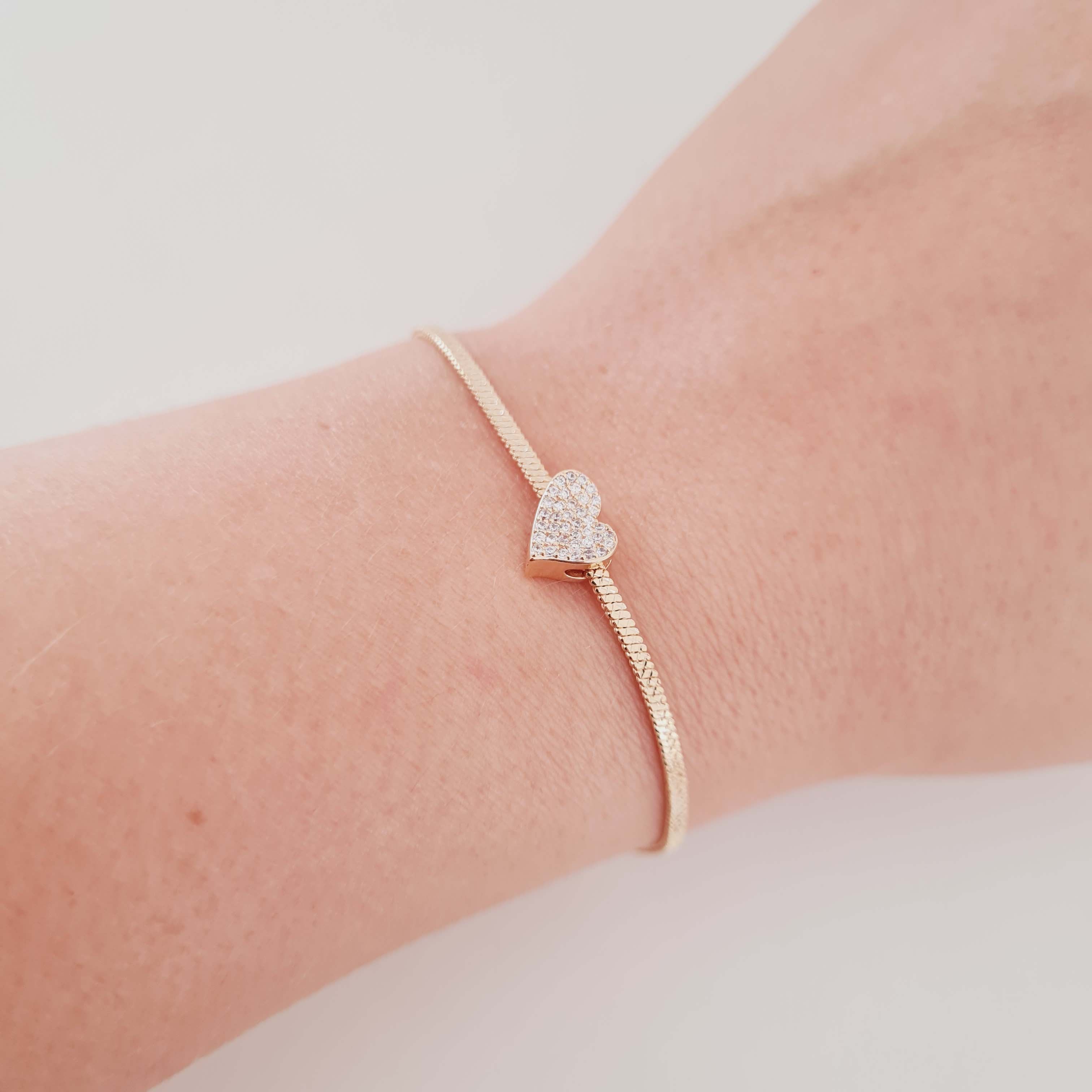 Pulseira Coração Cravejado na Corrente Rabo de Rato