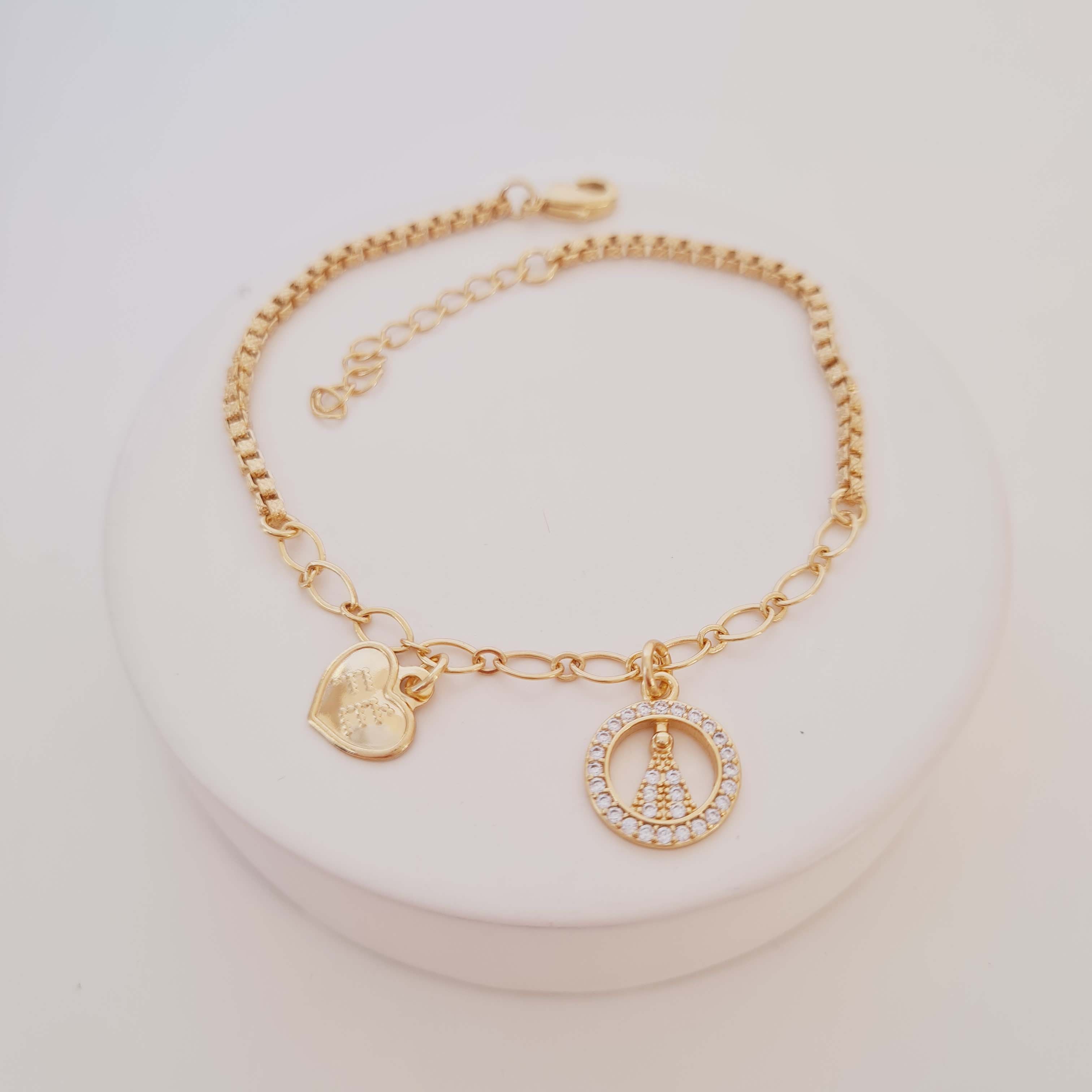 Pulseira de Elos com Pingente de Nossa Senhora e Coração Escrito Fé