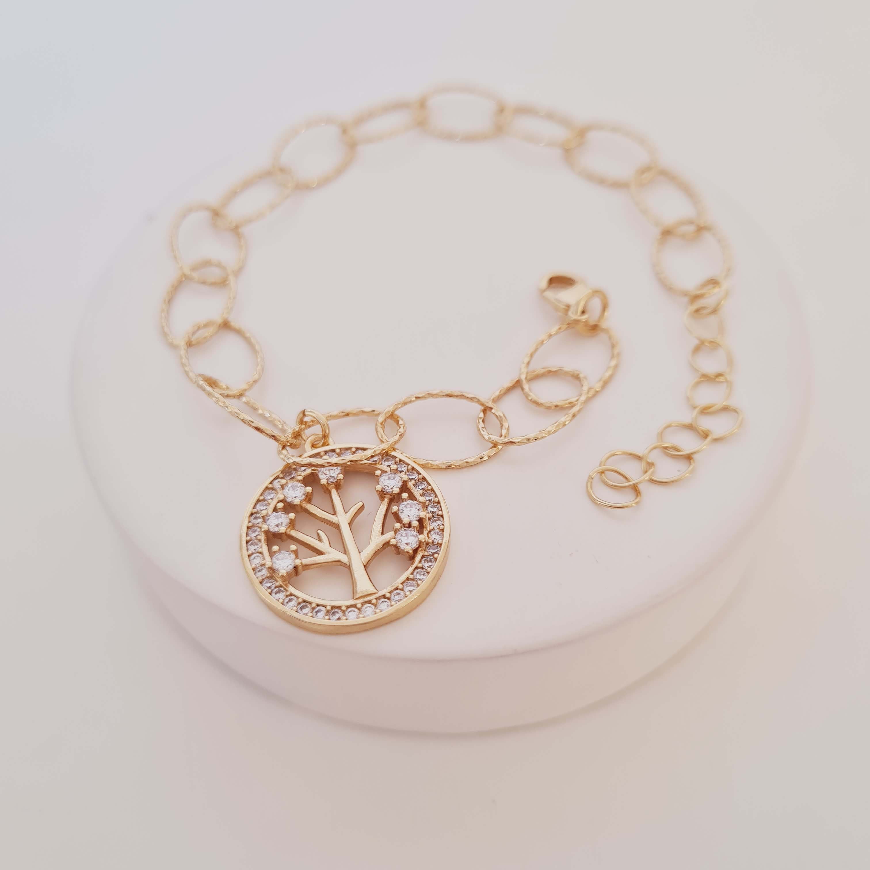 Pulseira de Elos com Pingente Árvore da Vida Cravejada