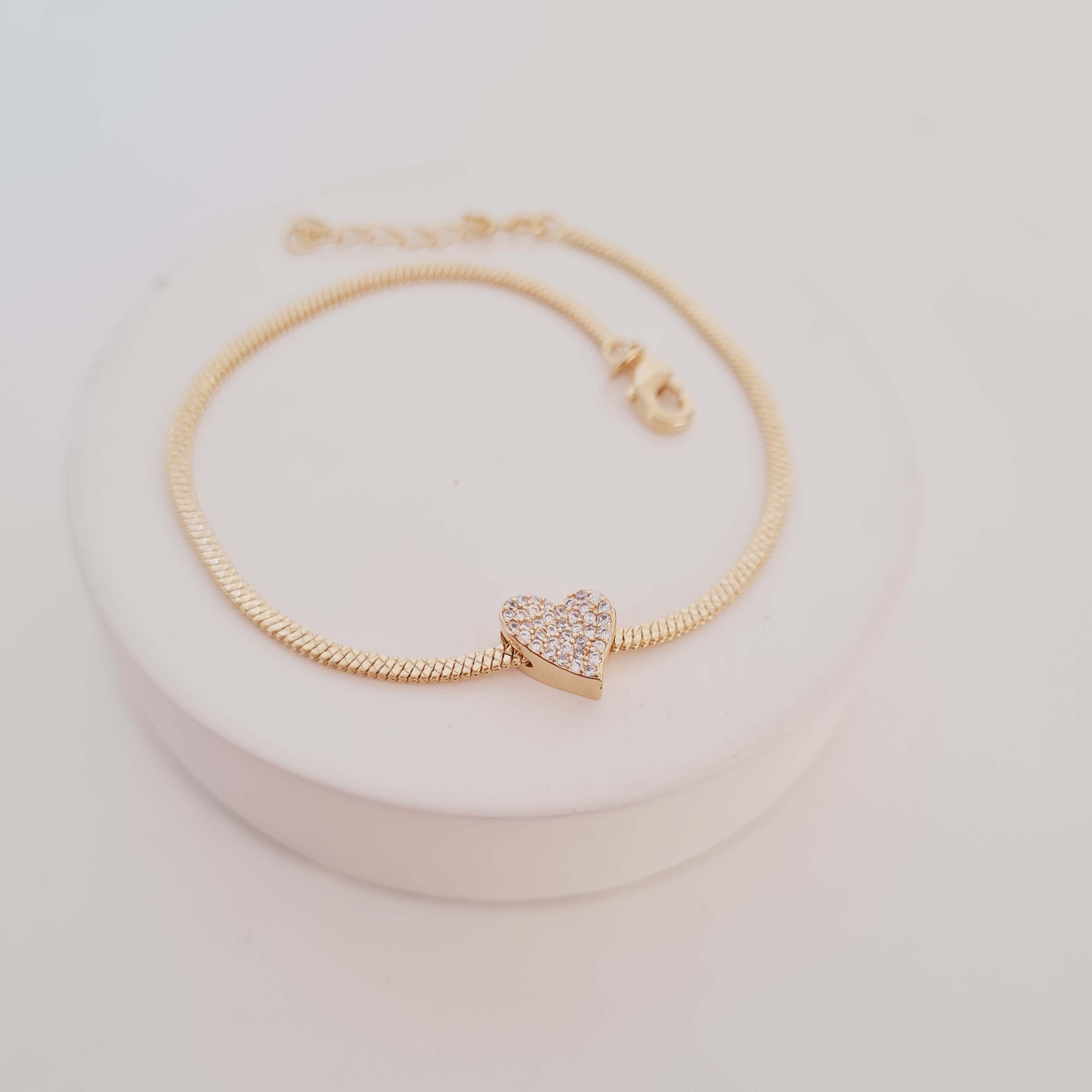 Pulseira Coração Cravejado na Corrente Rabo de Rato