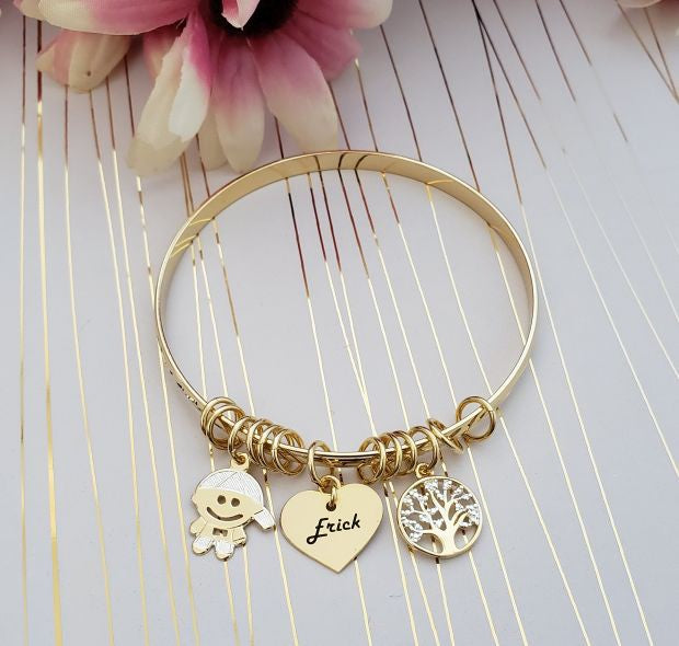 Bracelete com coração personalizável, árvore da vida e menino ou menina banhado em ouro 18k