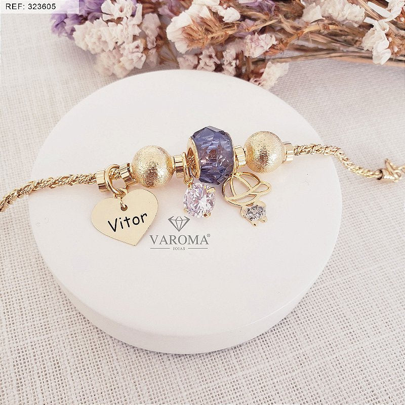 Pulseira com coração personalizável, pingente de filho, zircônia colorida e ponto de luz banhada em ouro 18k