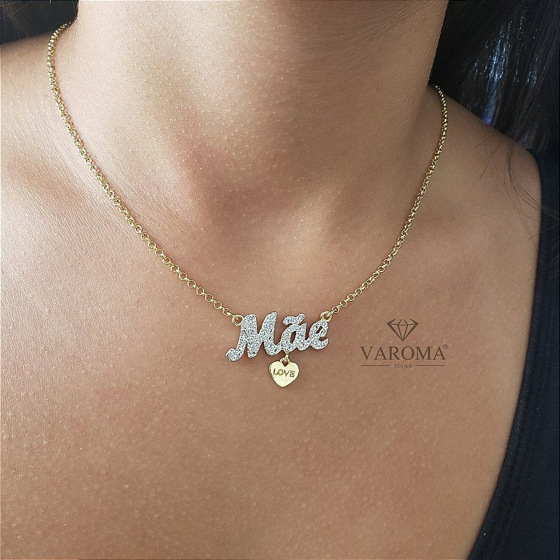 Colar mãe com pingente de coração banhado em ouro 18k