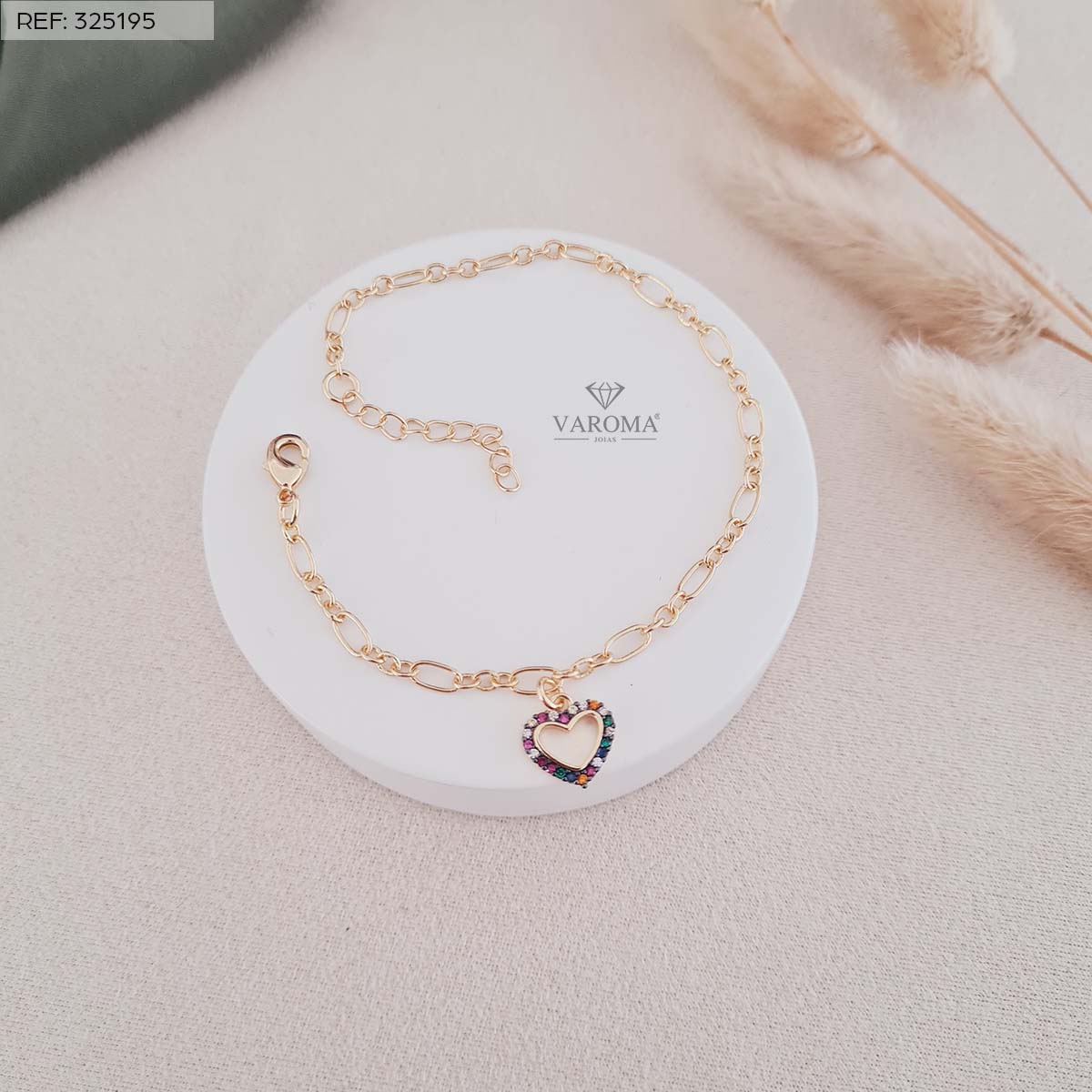 Pulseira elos 3x1 com pingente de coração colorido banhada a ouro 18k