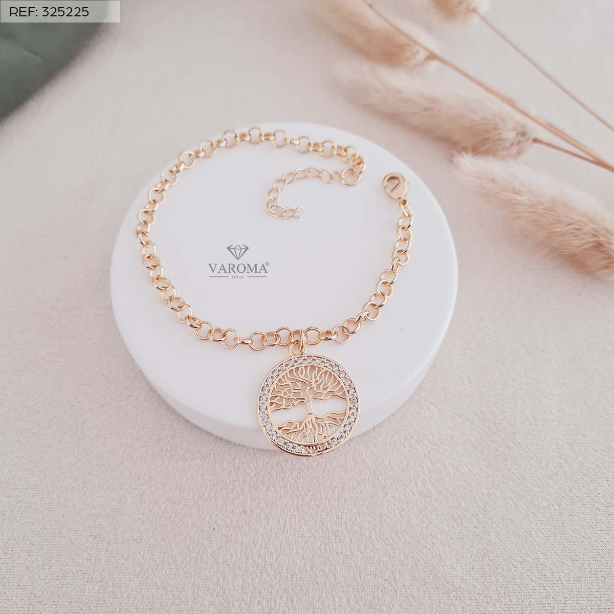 Pulseira elo português com pingente árvore da vida banhada a ouro 18k