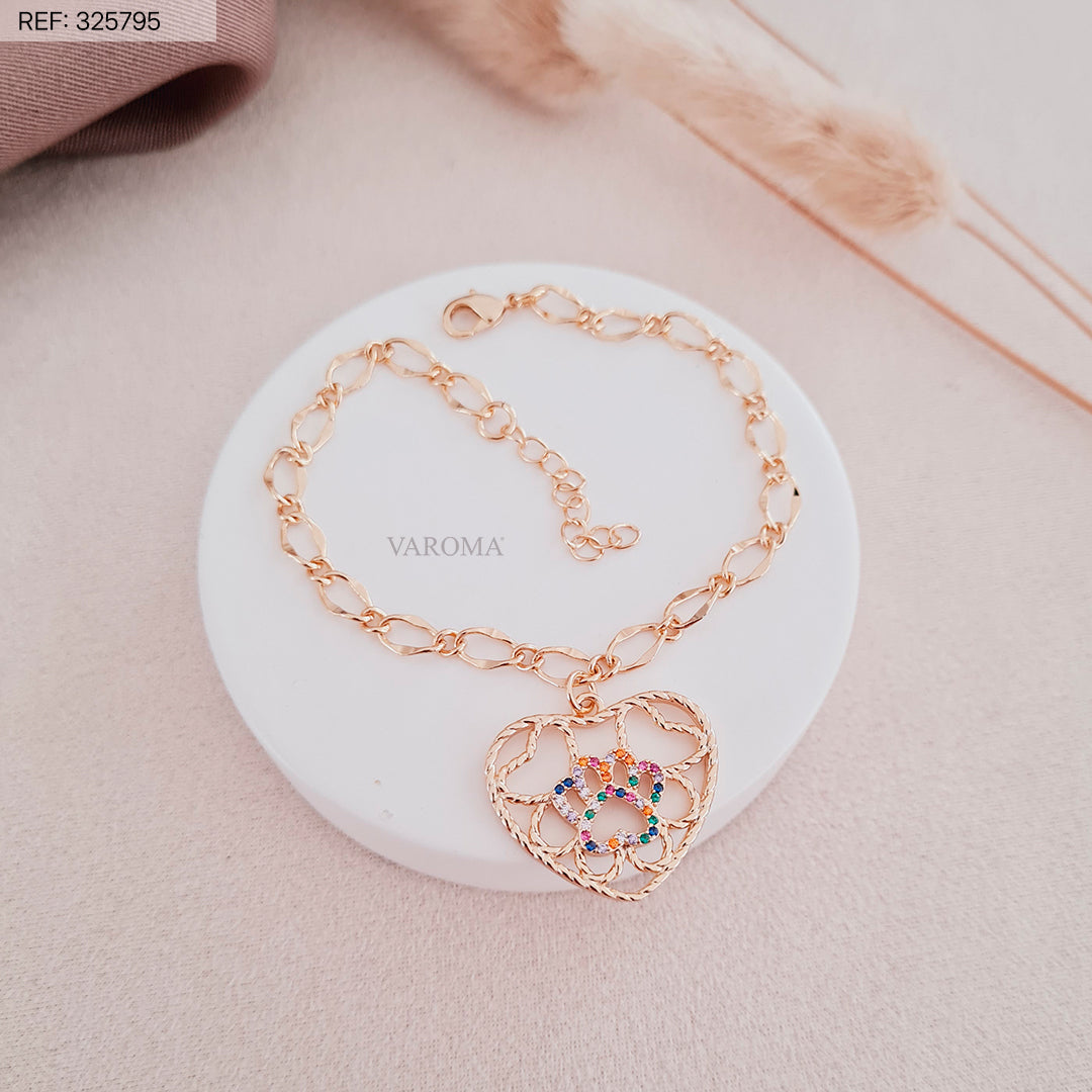 Pulseira com Pingente de Coração e Patinha Cravejada Banhada a Ouro 18k