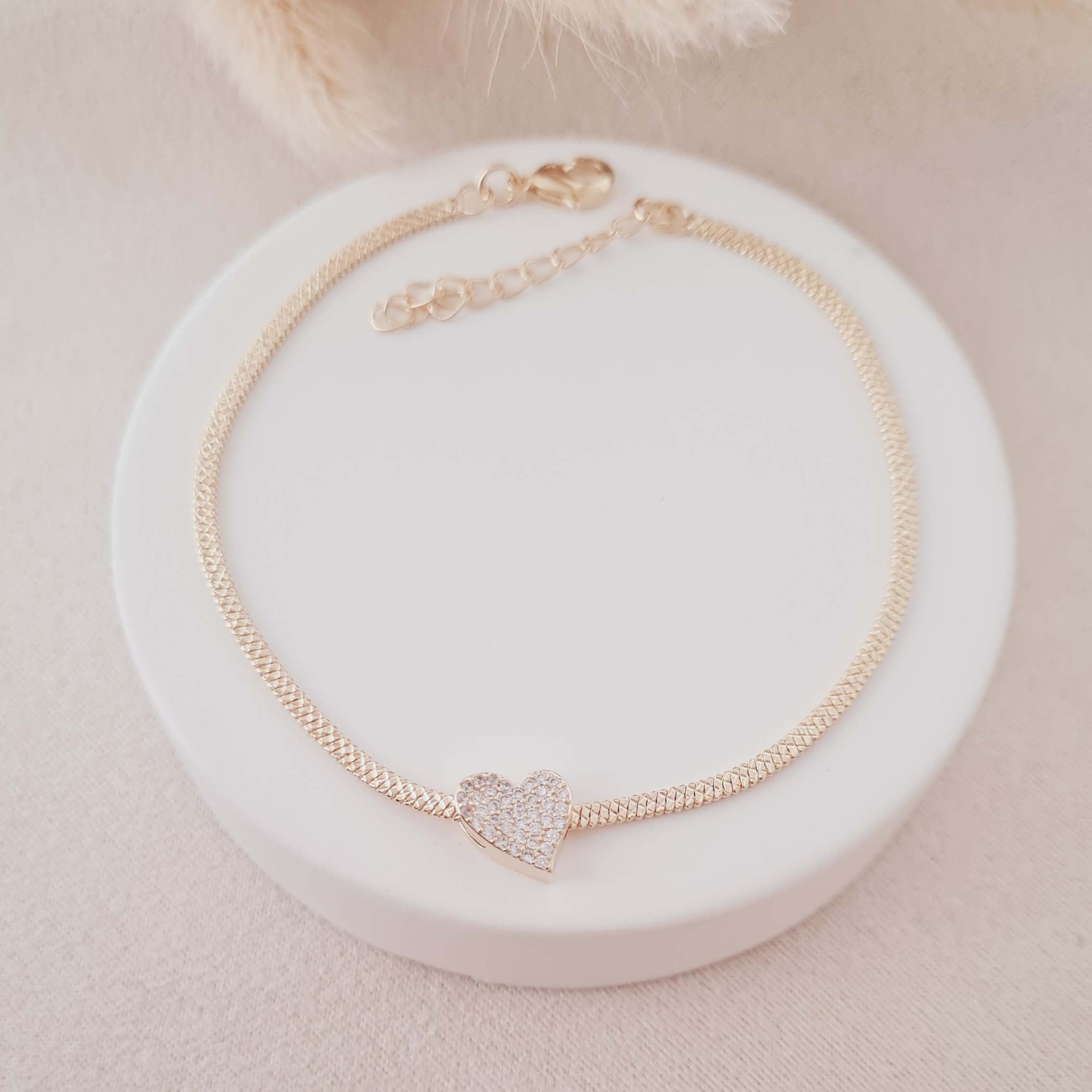 Pulseira Coração Cravejado na Corrente Rabo de Rato