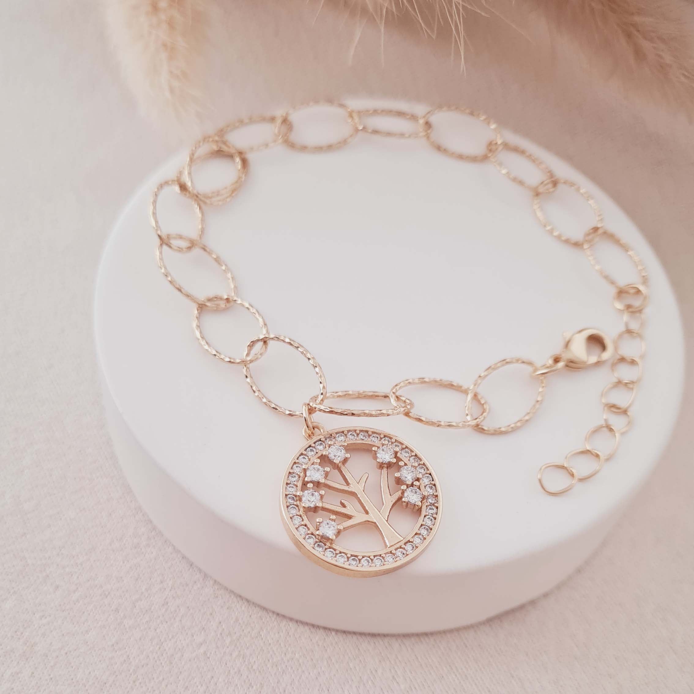 Pulseira de Elos com Pingente Árvore da Vida Cravejada