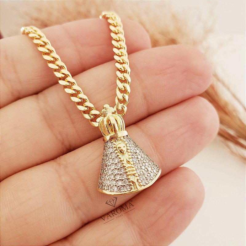 Choker com Nossa Senhora Aparecida cravejada com zircônias banhada em ouro 18k