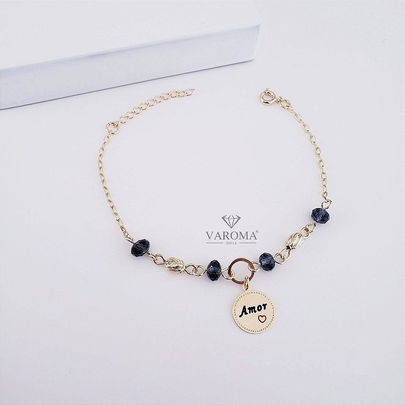 Pulseira de bolinhas e pingente escrito amor banhada em ouro 18k