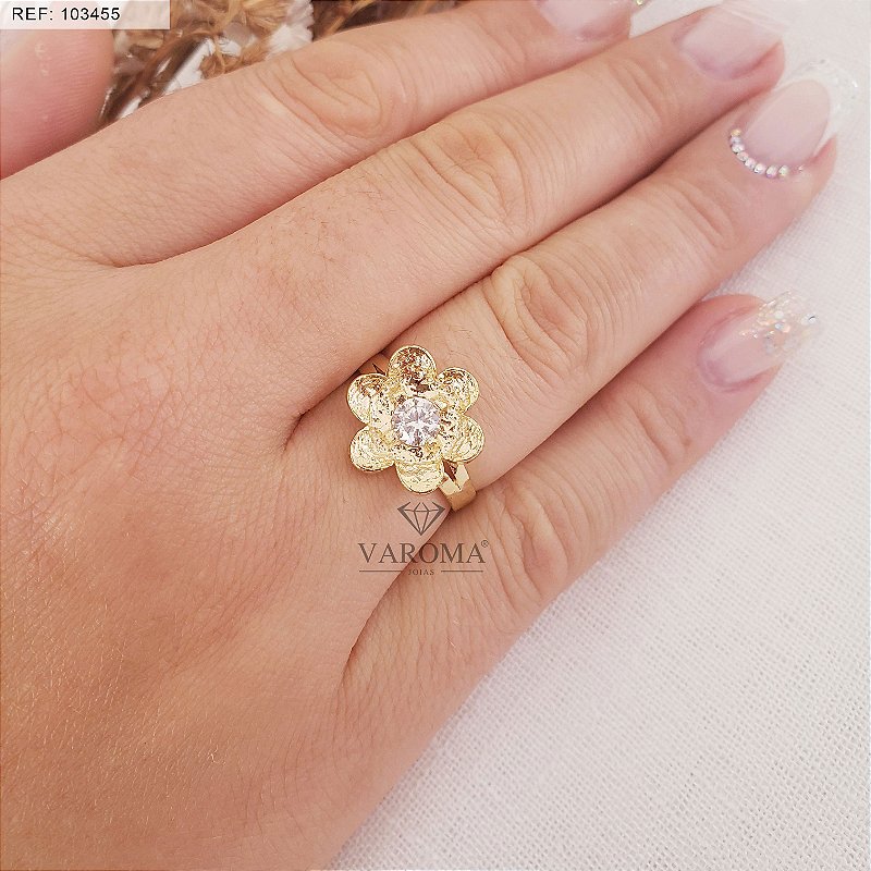 Anel flor com zircônia banhado em ouro 18k