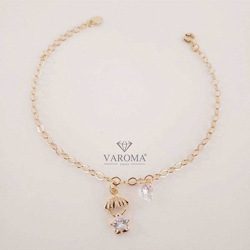 Pulseira com pingente de menino ou menina cravejado e com ponto de luz banhado em ouro 18k