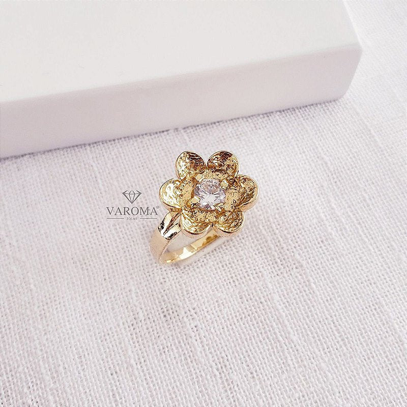 Anel flor com zircônia banhado em ouro 18k