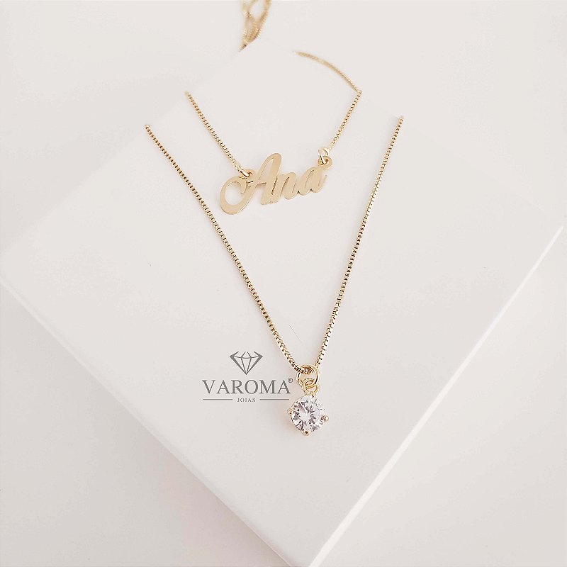 Colar duplo personalizável com nome e ponto de luz  banhado em ouro 18k