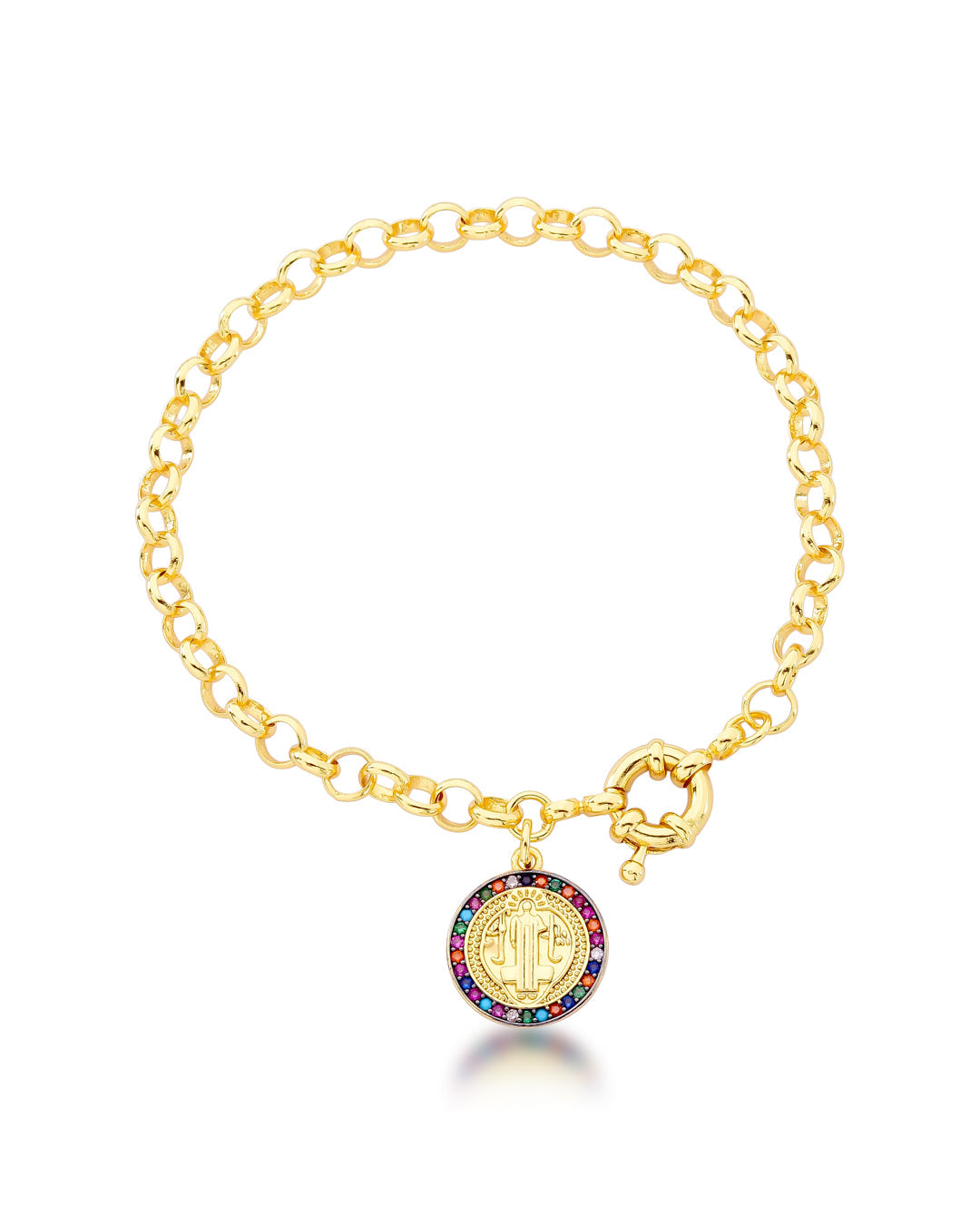 Pulseira de Elo Português com Pingentes de São Bento Cravejado com Zircônias Coloridas | Banhado em Ouro 18k