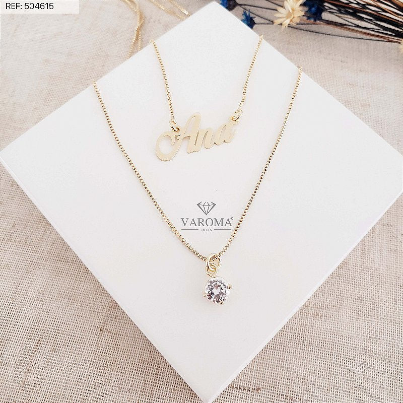 Colar duplo personalizável com nome e ponto de luz  banhado em ouro 18k