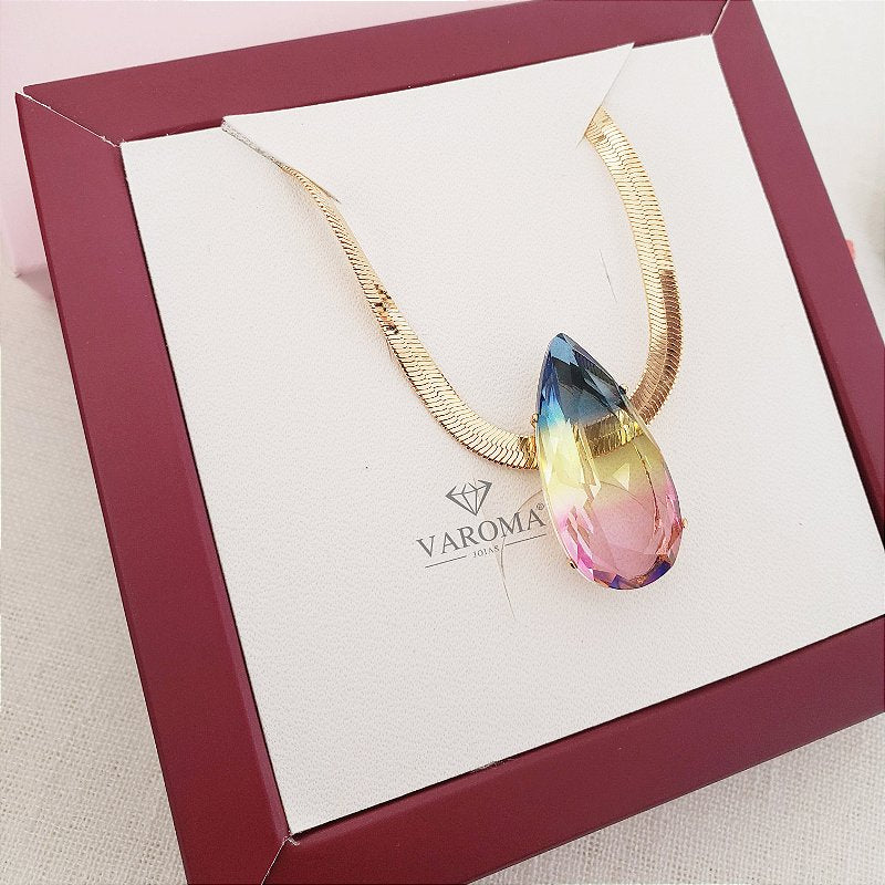 Choker de malha com  com gota rainbow banhado em ouro 18k