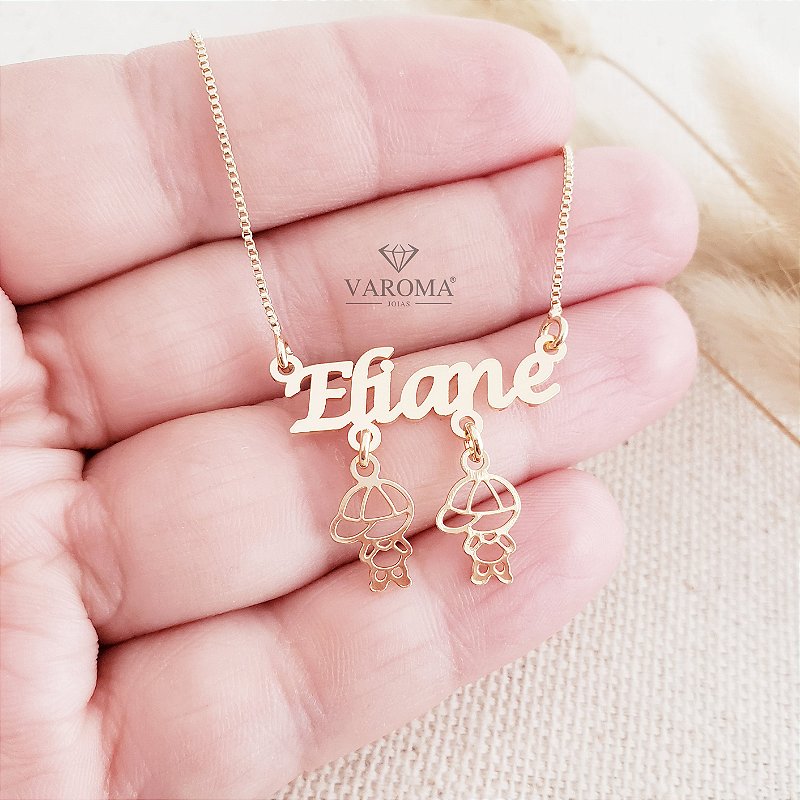 Colar personalizável com nome e dois pingentes de filho banhado em ouro 18k