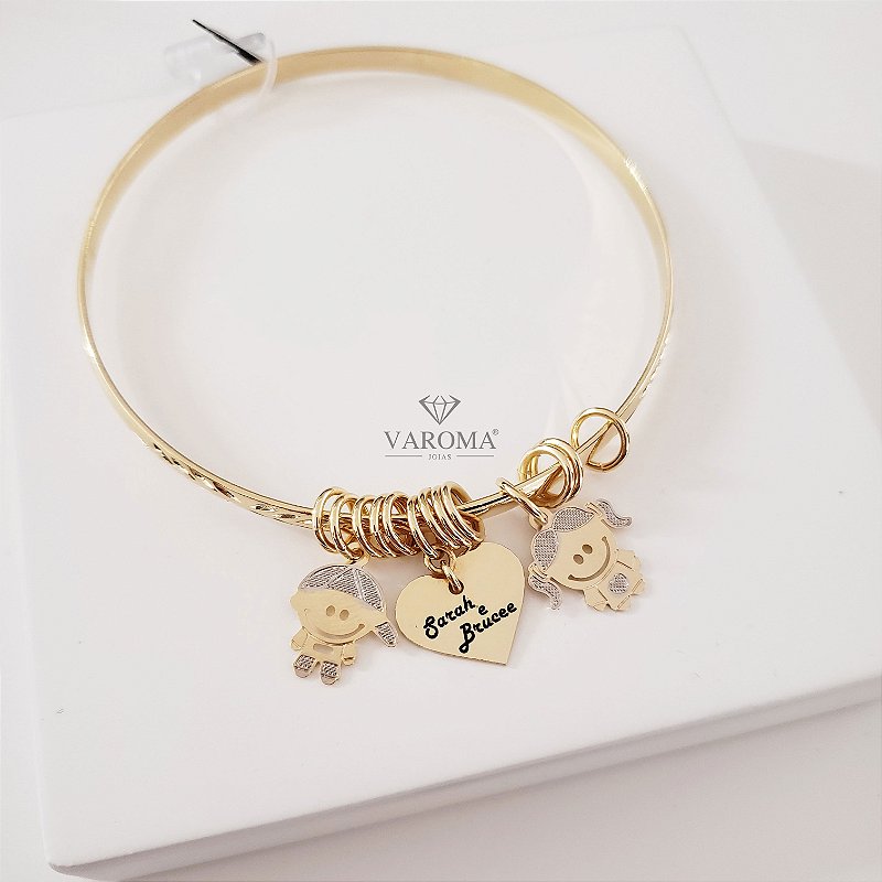 Bracelete com coração personalizável e dois meninos ou meninas banhado em ouro 18k