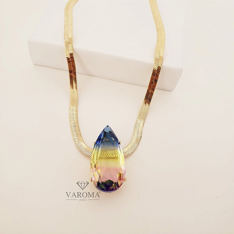 Choker de malha com  com gota rainbow banhado em ouro 18k