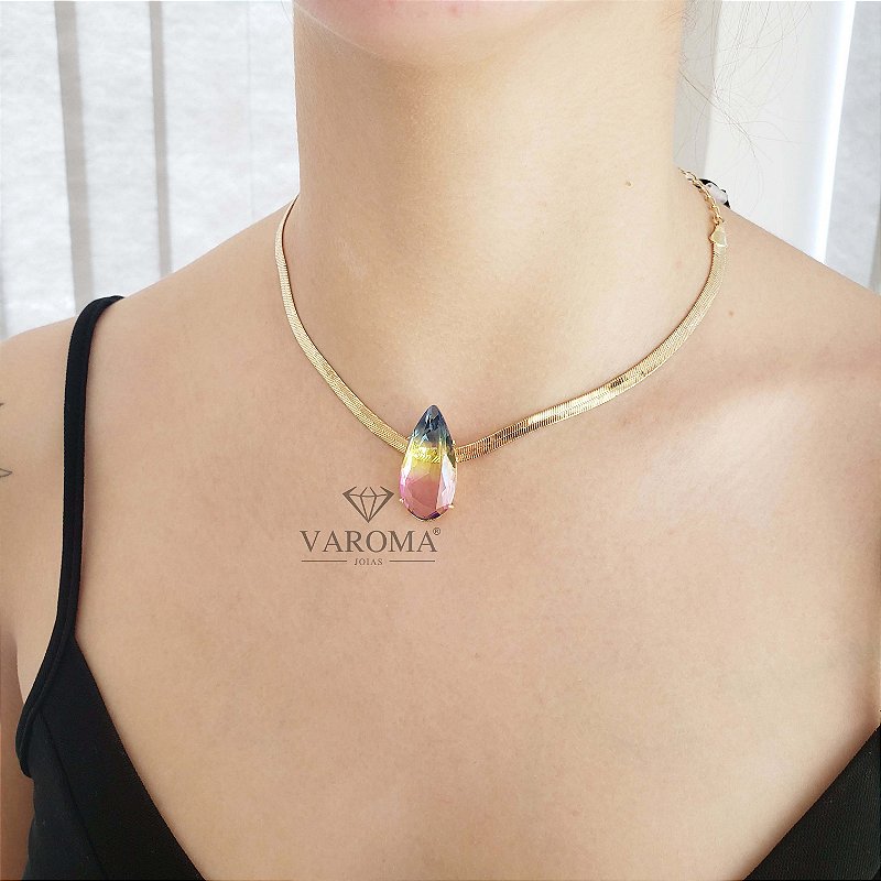 Choker de malha com  com gota rainbow banhado em ouro 18k