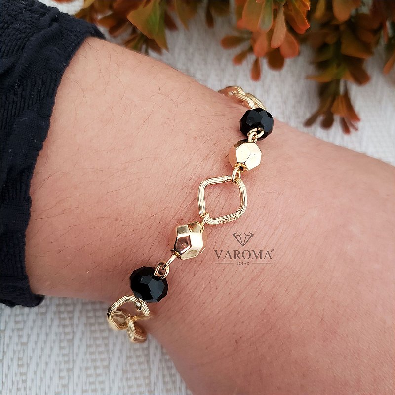 Pulseira com bolas trabalhadas e bolas coloridas banhada em ouro 18k