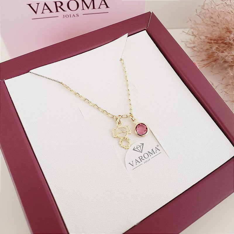 Colar infantil com ponto de luz rosa e menina banhado em ouro 18k