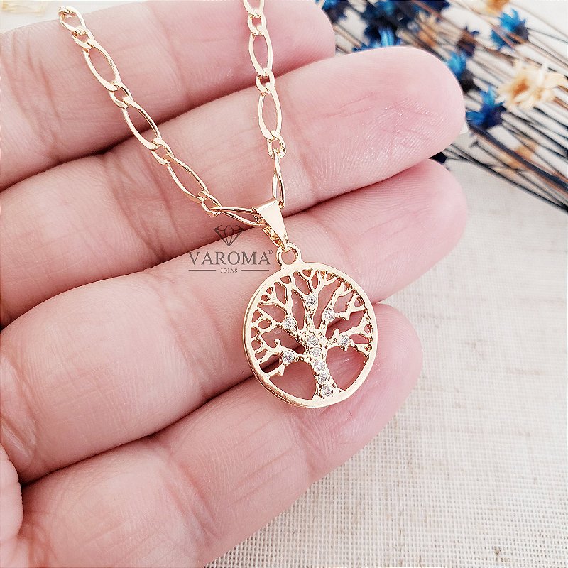 Colar com Árvore da vida cravejada com zircônias banhado em ouro 18k