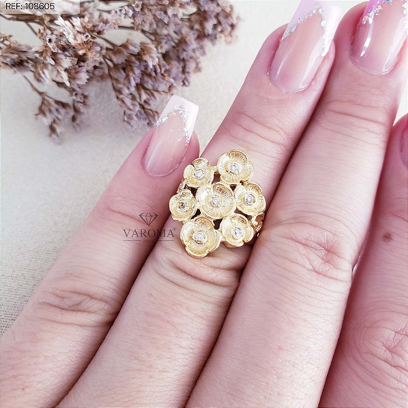 Anel conjunto de flores com zircônias banhado a ouro 18k