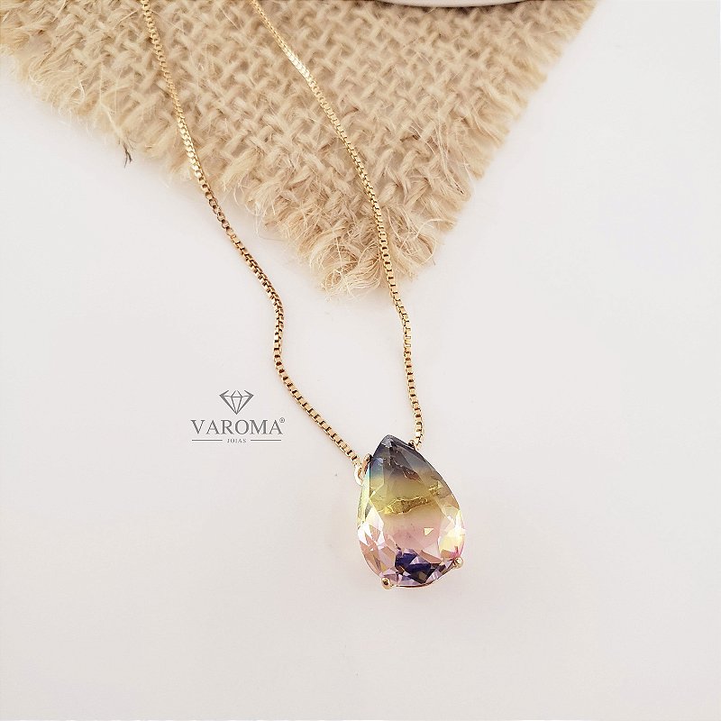 Colar com gota  de zircônia rainbow banhado em ouro 18k