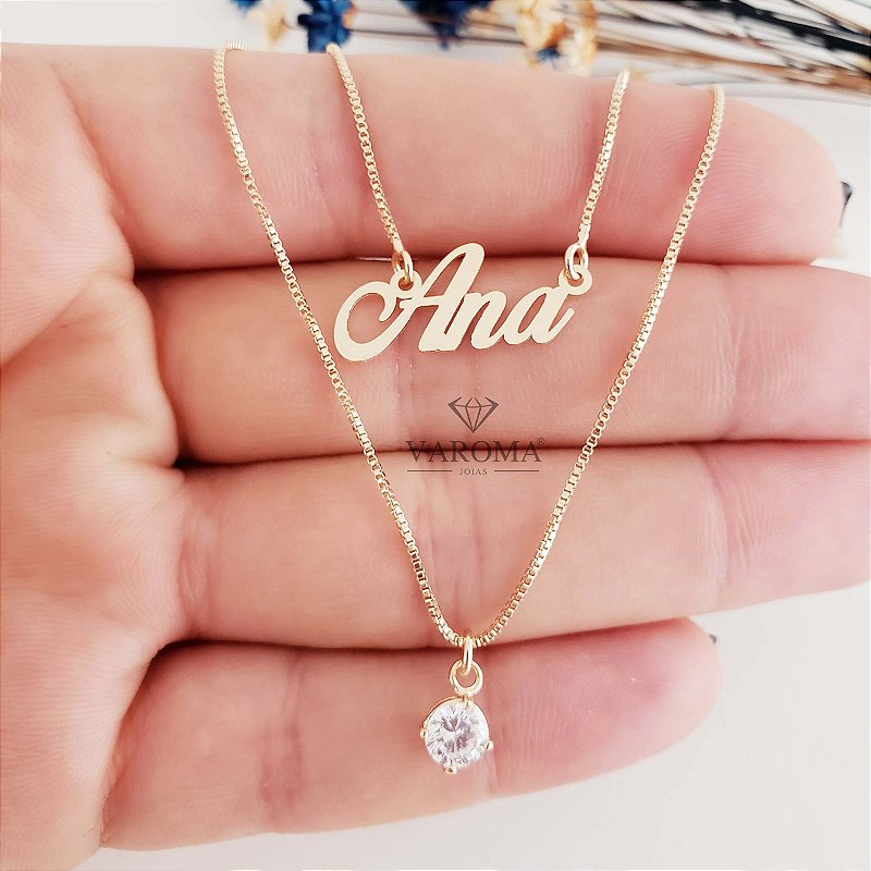 Colar duplo personalizável com nome e ponto de luz  banhado em ouro 18k