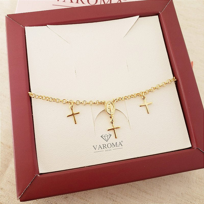 Pulseira infantil com Nossa Senhora das Graças e Cruz banhada em ouro 18k