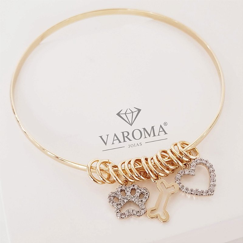 Bracelete fino especial petlover com ossinho, patinha e coração cravejados com zircônia banhado em ouro 18k