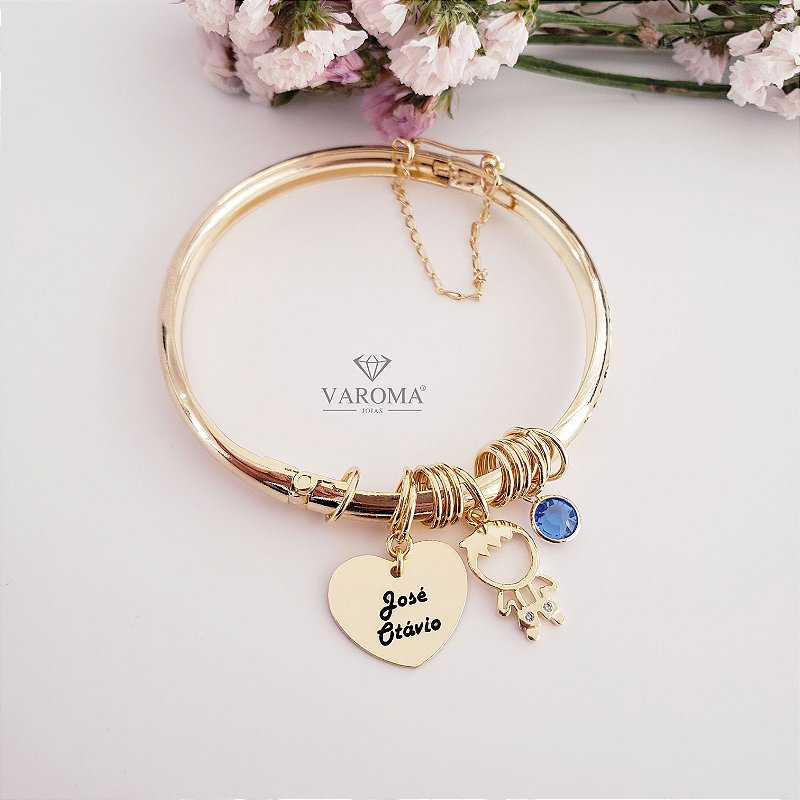 Bracelete de fecho com coração personalizável, menino ou menina e ponto de luz banhado em ouro 18k