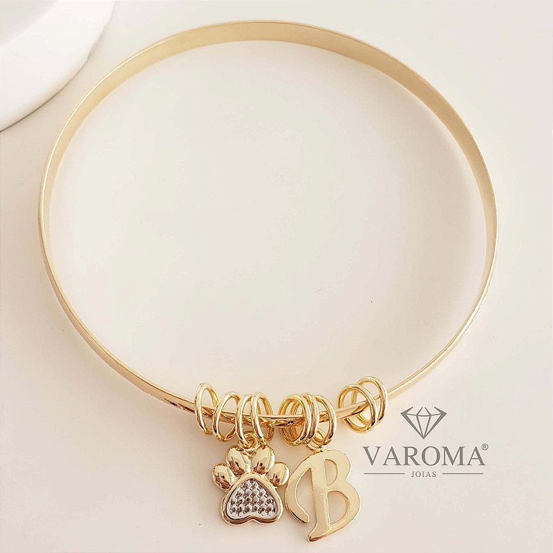 Bracelete com letra personalizável  e patinha banhado em ouro 18k