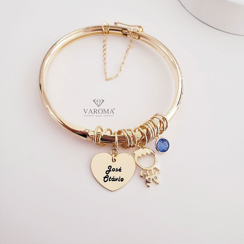 Bracelete de fecho com coração personalizável, menino ou menina e ponto de luz banhado em ouro 18k