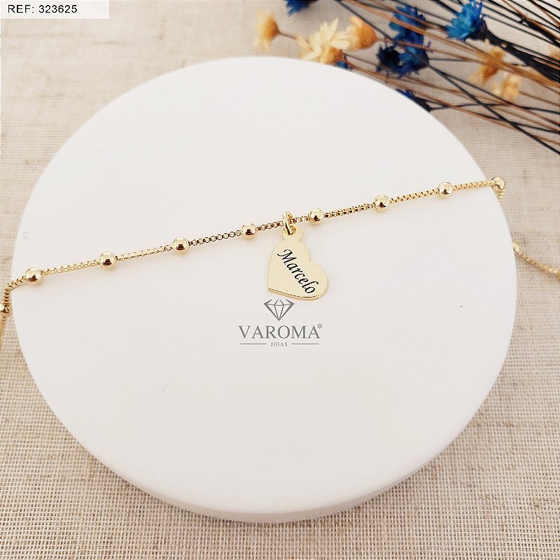 Pulseira de bolinhas com coração personalizável banhado em ouro 18k