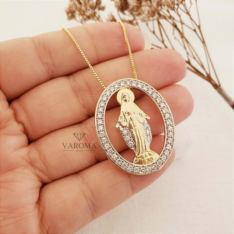 Colar  com pingente de Nossa Senhora as Graças banhado com em ouro 18k